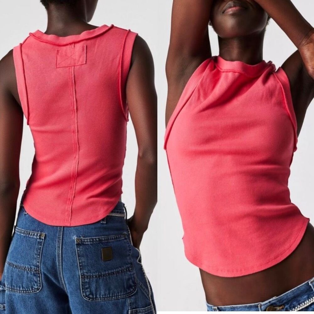 Free People We The Free Kate Ribbed Tank Miami Beet Sleeveless Stretch Top L NEW